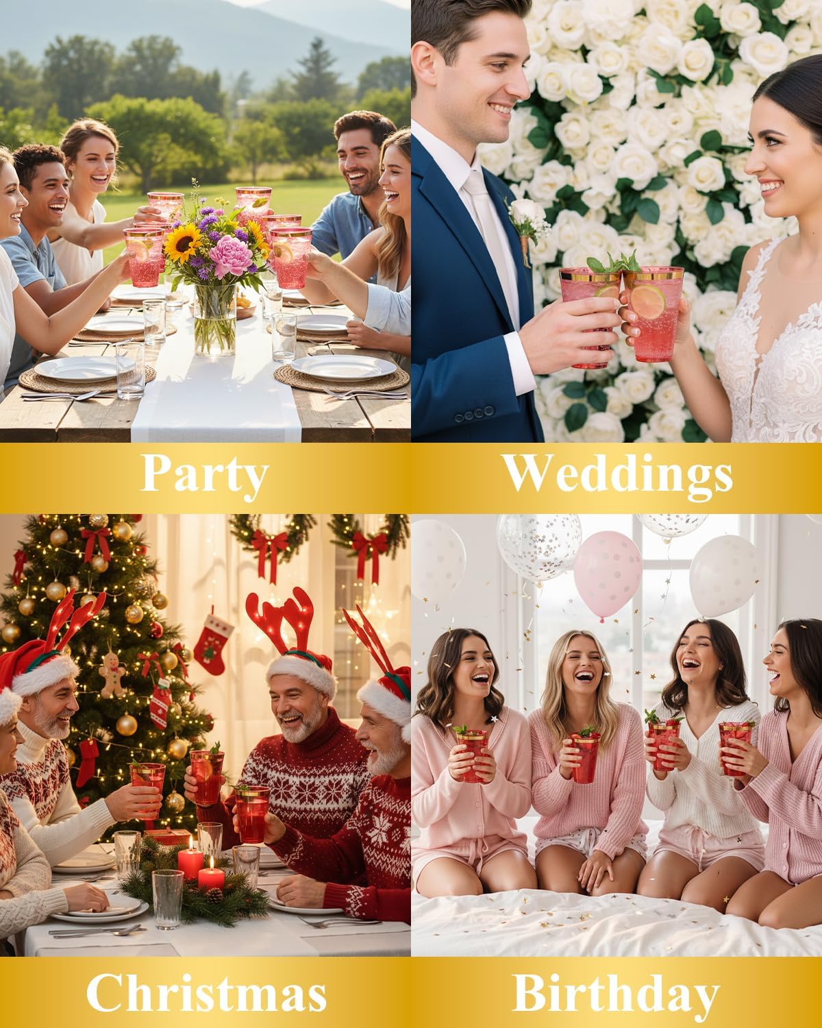 Goodluck 100PCS 9oz Gold Plastic Cups for Party, Disposable Gold Rim Cups, Plastic Cocktail Glasses for Wedding Thanksgiving, Christmas, and Parties
