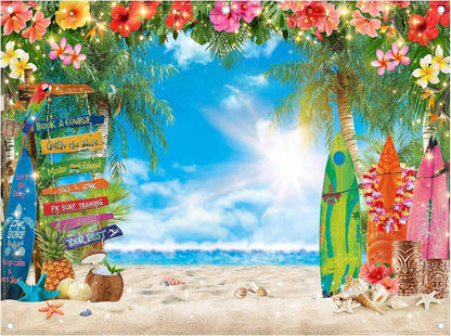 7x5ft Summer Hawaiian Beach Photography Backdrop Tropical Flower Palm Leaves Surfboard Background for Luau Aloha Party Decoration Banner Photo Booth