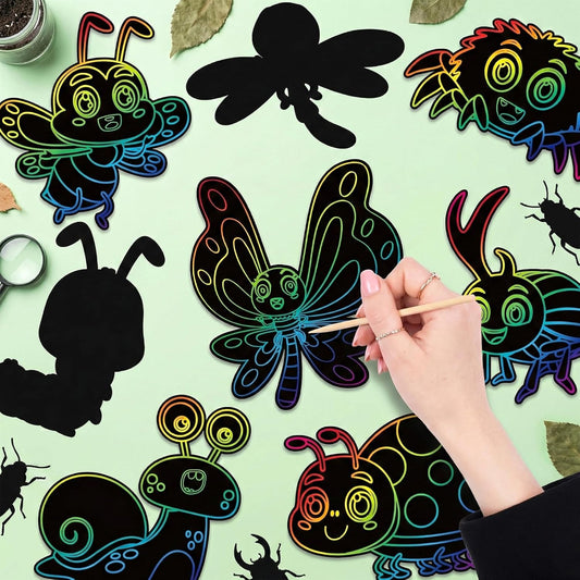 80 Pcs Insect Scratch Cards Colorful Rainbow Butterfly Scratch Paper Art with Wooden Stylus for Birthday Party Classroom DIY Activities