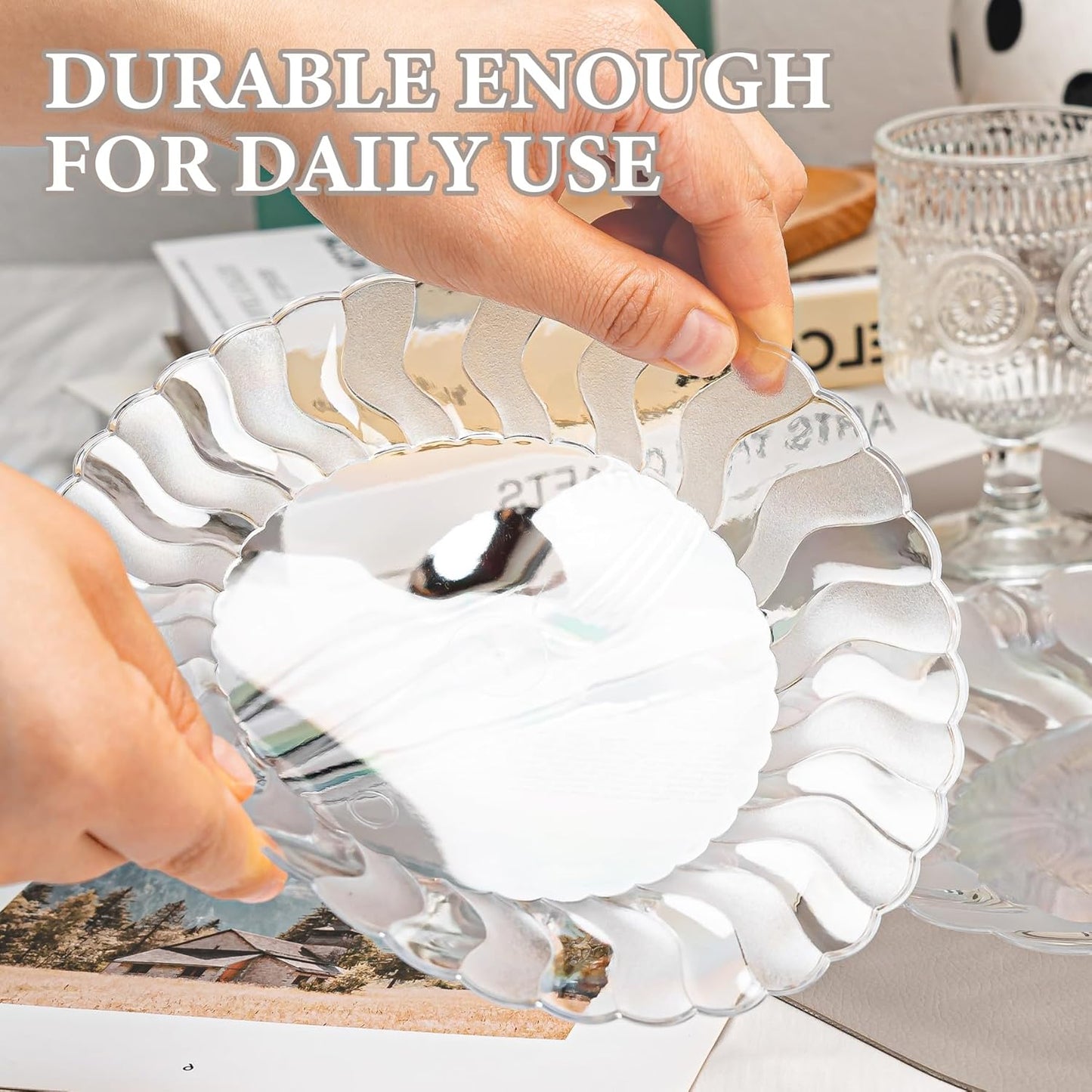 Lullaby 60PCS Ivory Scalloped Plastic Plates with Gold Rim, Disposable Elegant Plates Include 30pcs Dinner Plate 10.25", 30pcs Plastic Dessert Plate 7.5", Perfect for Wedding and Party