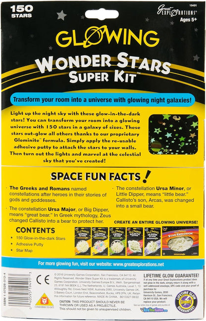 Great Explorations: Wonder Stars Super Kit, Glow In The Dark Ceiling Stars. 150 Pieces In 4 Sizes Reusable Sizes