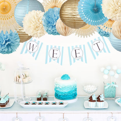 Tissue Paper Pom Poms - 23 PCS Dusty Blue Paper Flowers Pom Pom Kit Circle Dot Party Banner Hanging Swirl Party Decorations for Wedding Birthday Baby Shower Bridal Shower Tea Party