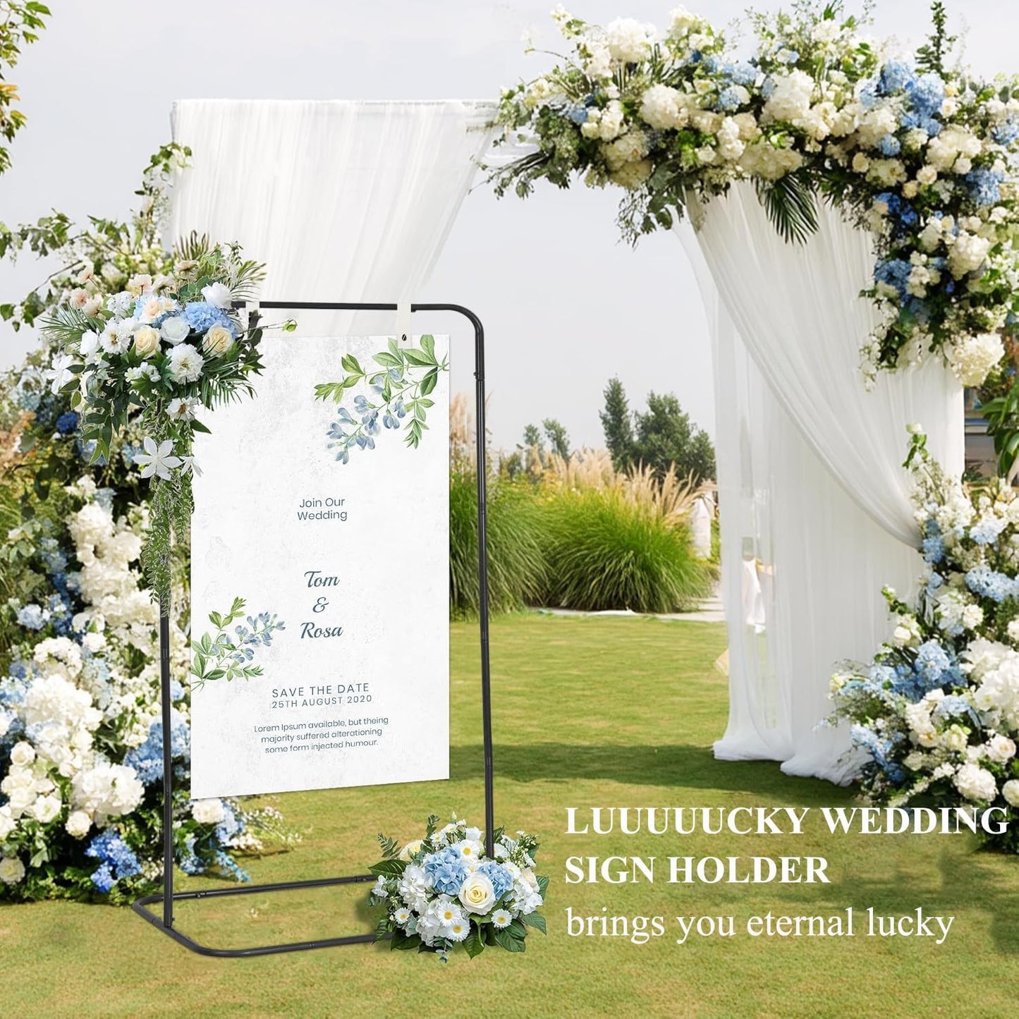 Sign holder, Adjustable Wedding Sign Holder, Welcome Sign Stand With Leather Sign Hanging Straps, 71”x31”x 20” Heavy Duty Ease Sign Stand for Wedding, Bridal Shower, Birthday Party, Baby Shower or Any Event (Gold, M)