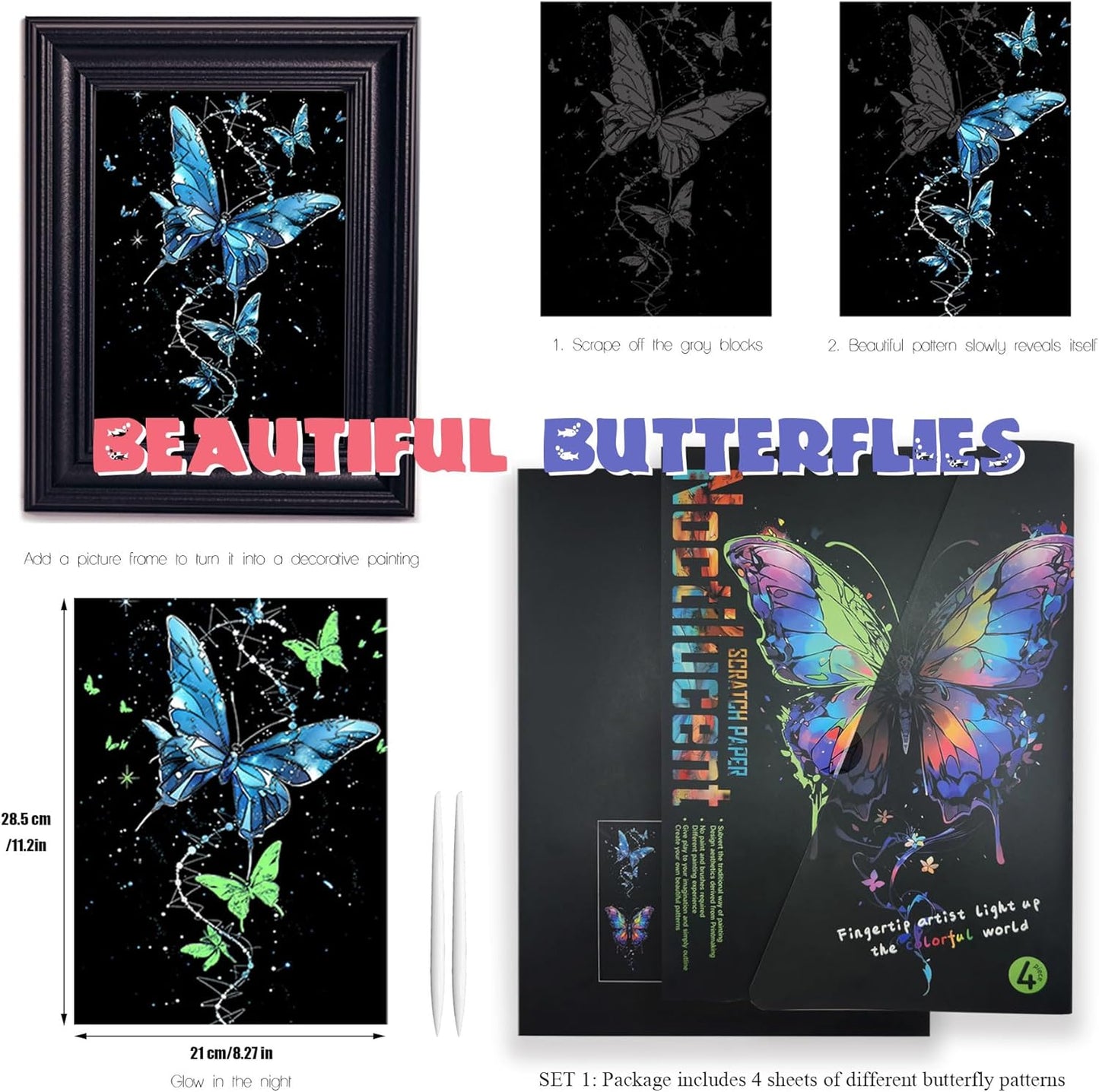 Scratchboard Art for Adult Luminous Scratch Painting Kits, A5 Scratch Art Rainbow Painting Paper 8 Sheet with 4 Tools, Scratchboard for Teens & Adults, Fun Creative Craft Toy/Gifts/Decor, Dreams