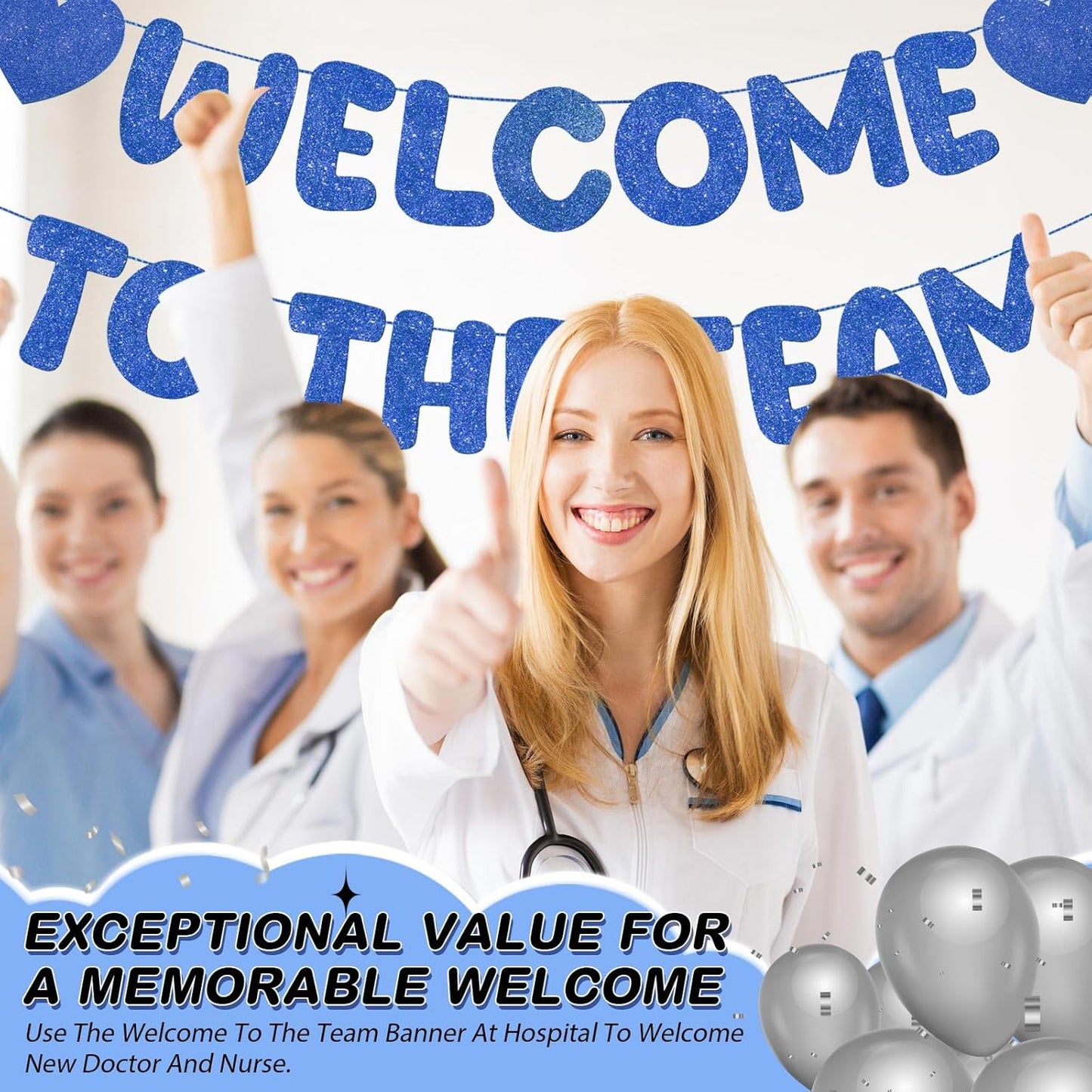 Fulmoon Pre Strung Welcome to The Team Banner with Two Heart Signs, NO DIY, Glitter Welcome Party Supplies for New Employee, Coworker, Colleague, Staff, Team Member Office Decorations(Champagne Gold)