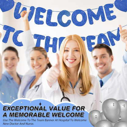 Fulmoon Pre Strung Welcome to The Team Banner with Two Heart Signs, NO DIY, Glitter Welcome Party Supplies for New Employee, Coworker, Colleague, Staff, Team Member Office Decorations(Champagne Gold)