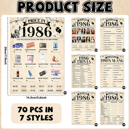 70Pcs 70th Birthday Party Games Born In 1956 Fun 1956 Trivia Music Slang Books Game Double-Sided Game Cards Vintage 70th Birthday Party Supplies for 70 Year Old Activity Anniversary Class Reunion