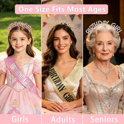 Birthday Sash and Crown Set for Women – Pink Glitter Birthday Girl Sash with Rhinestone Tiara Headband for Party Celebration Gift