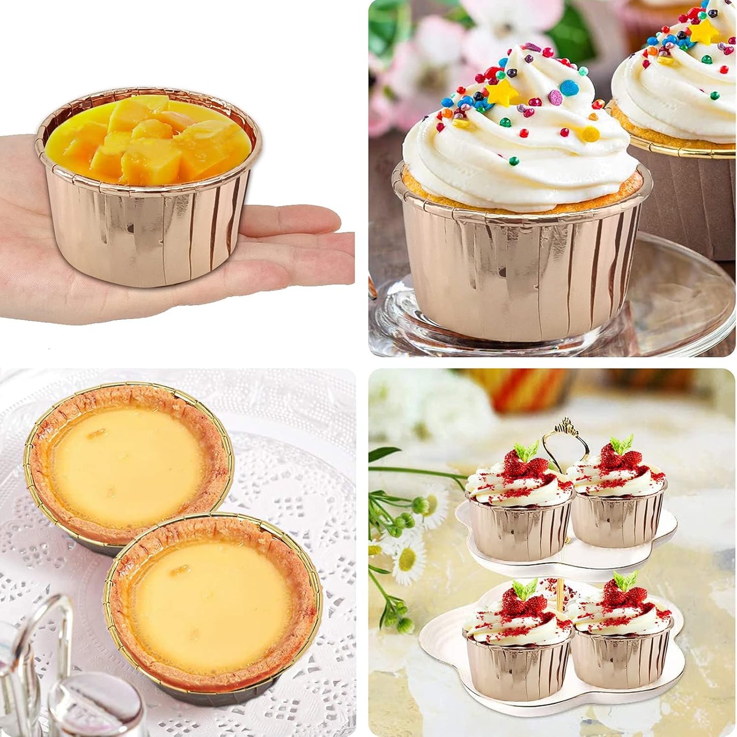 Cupcake Liners with Lids 50 Pack,LNYZQUS 5oz Large Foil Cupcake Cups Muffin Tins,Disposable Baking Cups Muffin Liners Wrappers Holders for Wedding Valentine-Pink in gold