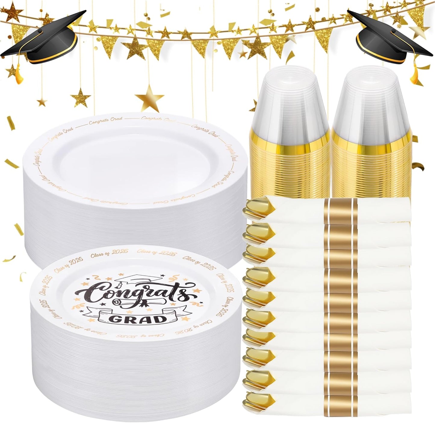 Goodluck 350 Piece Silver Plastic Dinnerware Set for 50 Guests, Fancy Disposable Plates for Party, Include: 50 Dinner Plates, 50 Dessert Plates, 50 Pre Rolled Napkins with Silver Silverware, 50 Cups