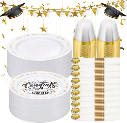 Goodluck 350 Piece Silver Plastic Dinnerware Set for 50 Guests, Fancy Disposable Plates for Party, Include: 50 Dinner Plates, 50 Dessert Plates, 50 Pre Rolled Napkins with Silver Silverware, 50 Cups