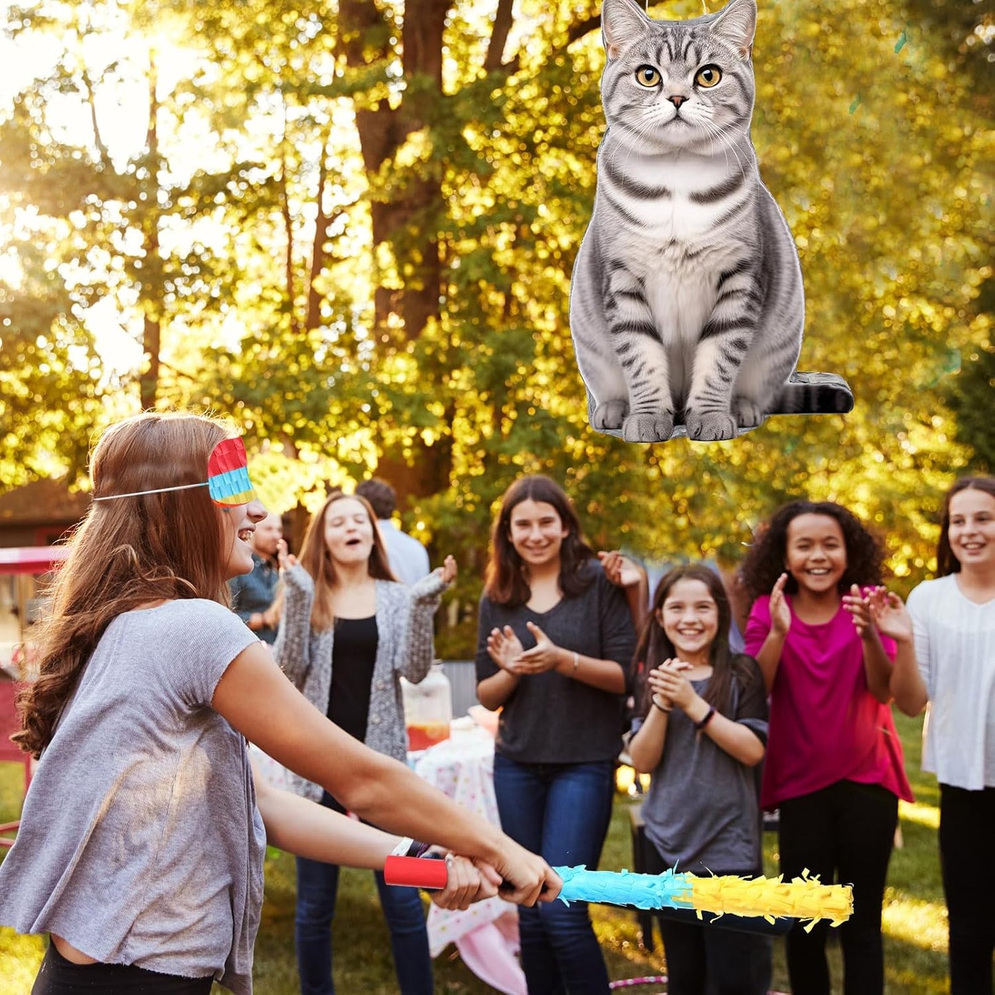Sotiff Cat Piñata, Cat Party Piñata Game Set, Kitten Theme Piñata Pet Birthday Decoration with Bat Stick Blindfold Mask for Kitten Theme Pet Birthday Party Piñata Decoration Supplies(Orange)