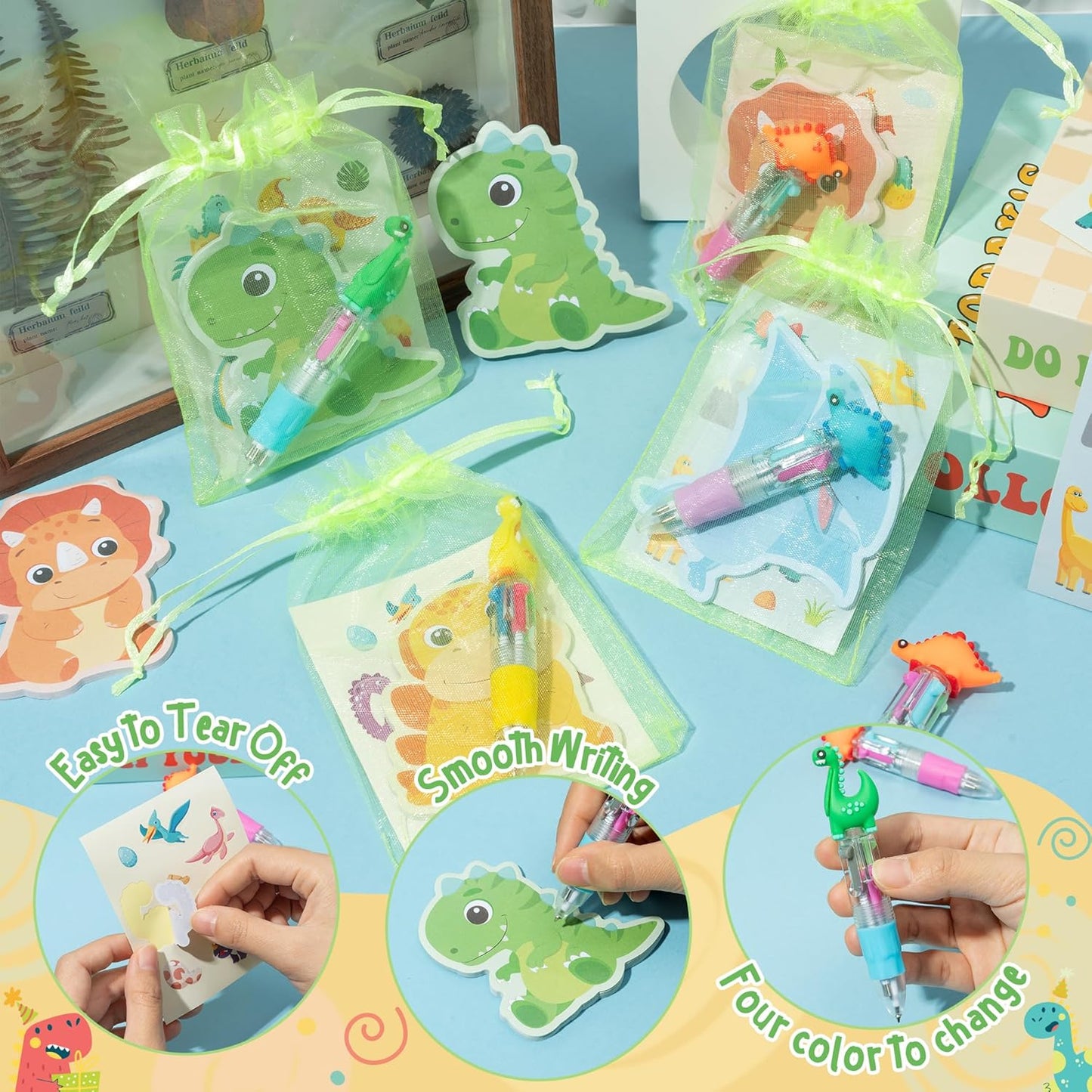 CY2SIDE Dinosaur Stationery Party Gift - 24 Pack Back to School Gifts Set Include 4-in-1 Ballpoint Pens Sticky Notes Stickers & Organza Dino Animal Party Favors Goodie Bag Fillers for Classroom Prizes