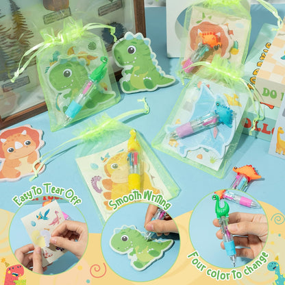 CY2SIDE Dinosaur Stationery Party Gift - 24 Pack Back to School Gifts Set Include 4-in-1 Ballpoint Pens Sticky Notes Stickers & Organza Dino Animal Party Favors Goodie Bag Fillers for Classroom Prizes