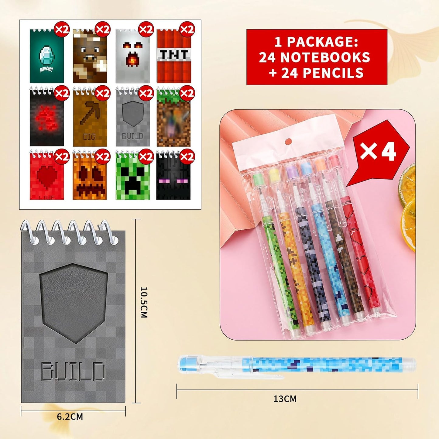 48-Piece Pixel-Style Party Gift Set – 24 Mini Spiral Notebooks and 24 Patterned Pencils, Perfect for Birthday Gift Bags, Class Rewards, School Gifts (48 pieces)
