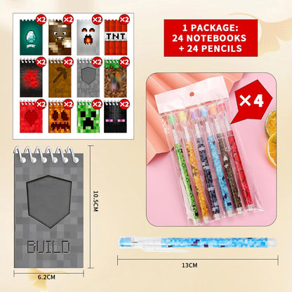 48-Piece Pixel-Style Party Gift Set – 24 Mini Spiral Notebooks and 24 Patterned Pencils, Perfect for Birthday Gift Bags, Class Rewards, School Gifts (48 pieces)
