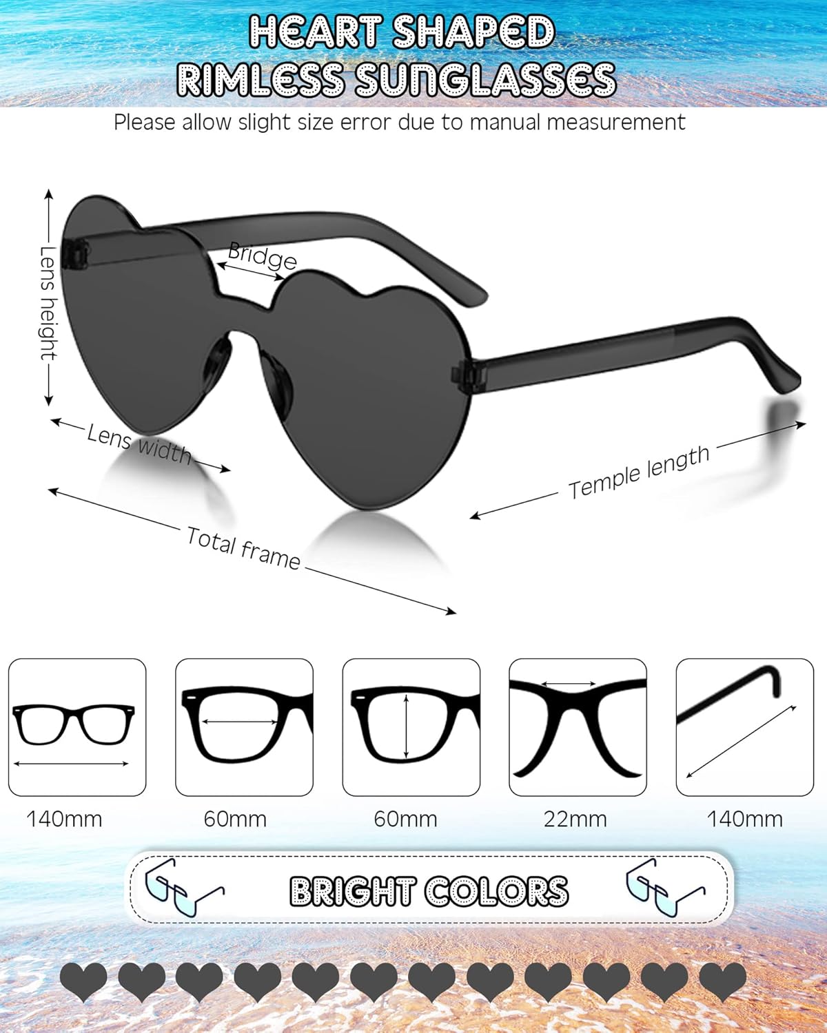 Photect 12 Pair Heart Shaped Sunglasses Neon Color Transparent Heart Glasses for Women Party Favor