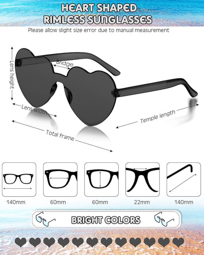 Photect 12 Pair Heart Shaped Sunglasses Neon Color Transparent Heart Glasses for Women Party Favor