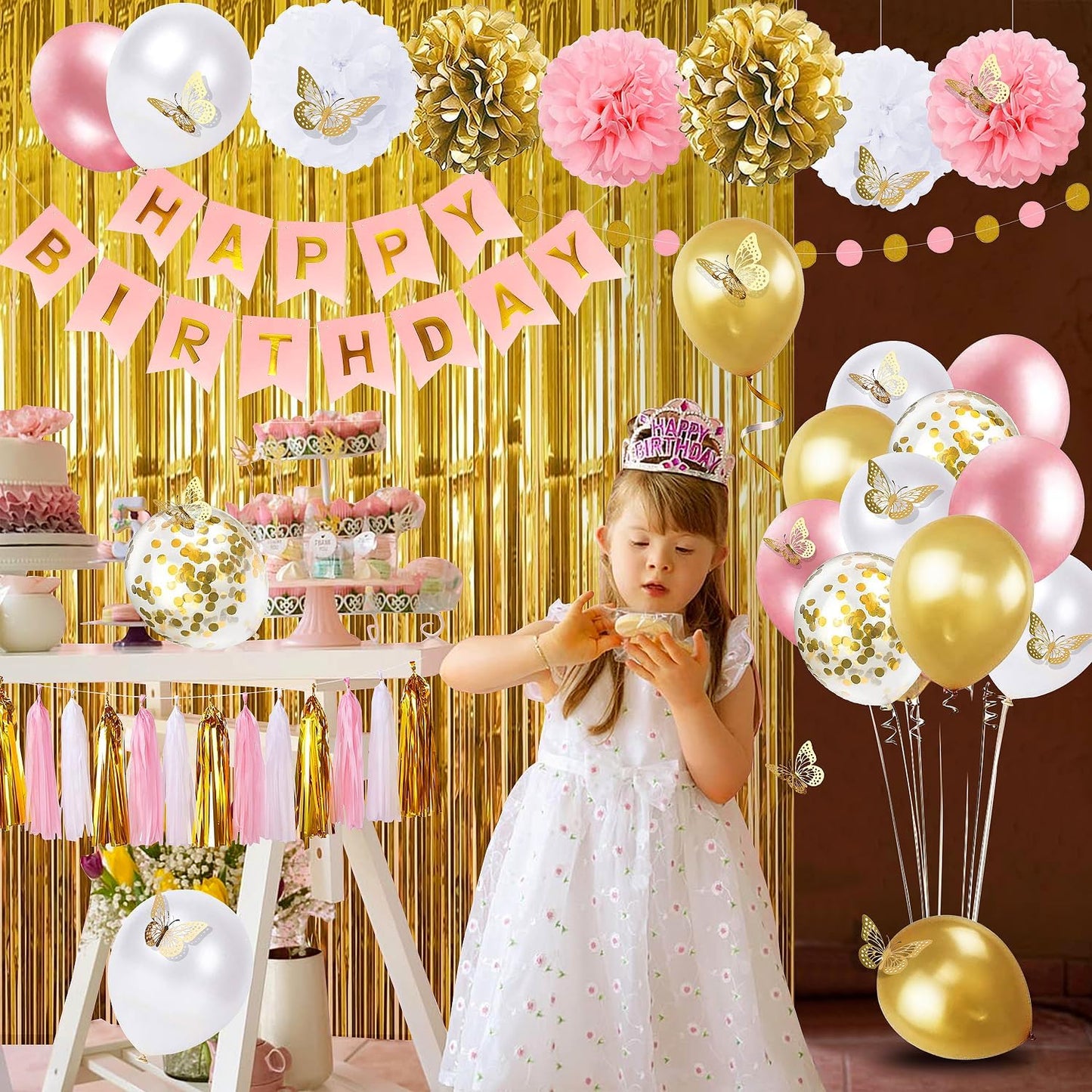 Purple Pink Birthday Party Decorations for Women Girls with Happy Birthday Banner,Hanging Swirls,Tissue Paper Pompoms,Circle Dots Garland,Tassel Garland Purple Balloons