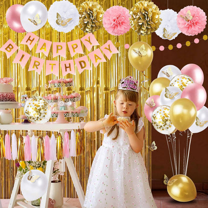 Purple Pink Birthday Party Decorations for Women Girls with Happy Birthday Banner,Hanging Swirls,Tissue Paper Pompoms,Circle Dots Garland,Tassel Garland Purple Balloons