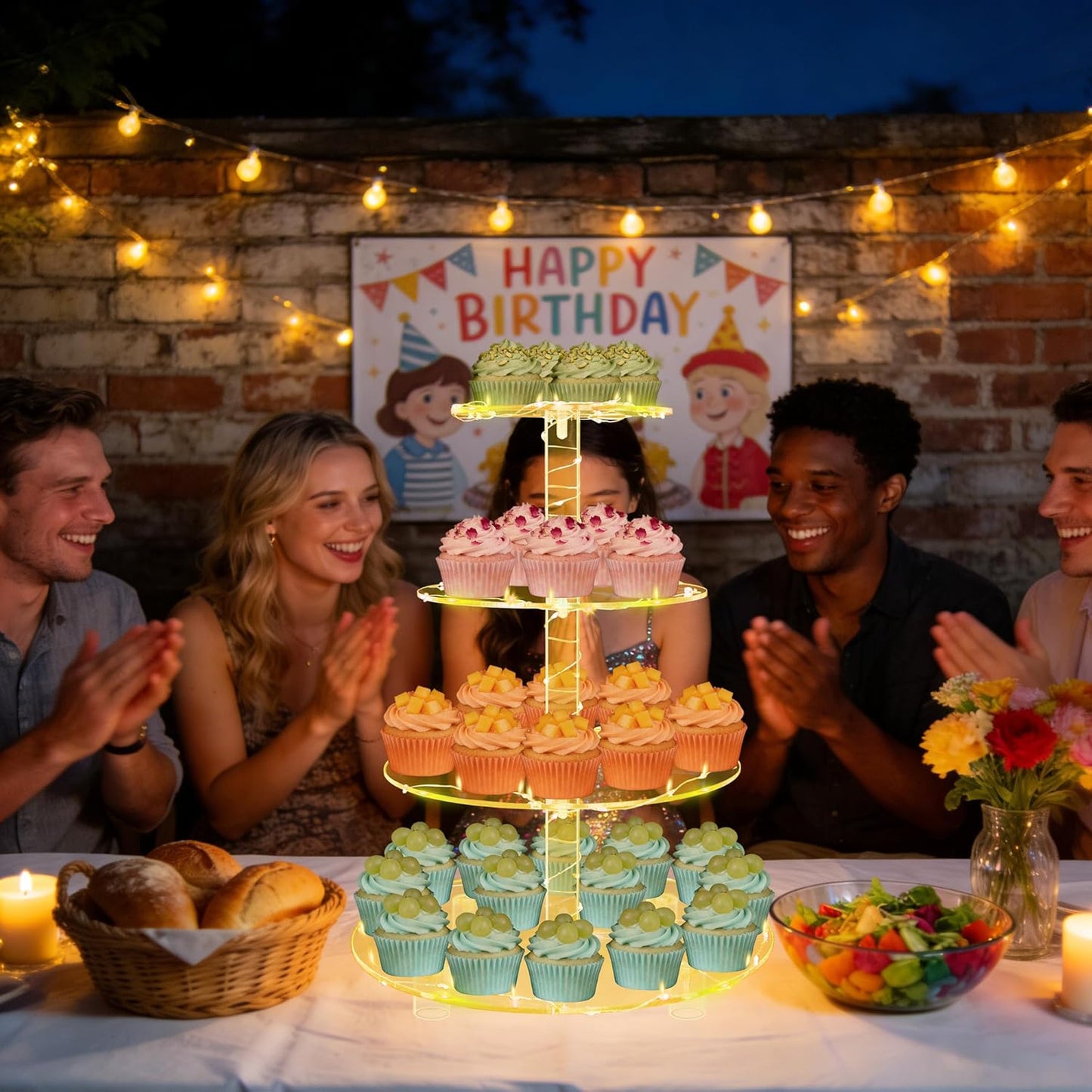 YestBuy Cupcake Stand with Yellow Led Lights, 4 Tier Cupcake Stand for 50 Cupcakes, Acrylic Cupcake Tower Stand, Clear Tiered Cupcake Holder for Birthday Cady Bar Décor Weddings, Parties Events