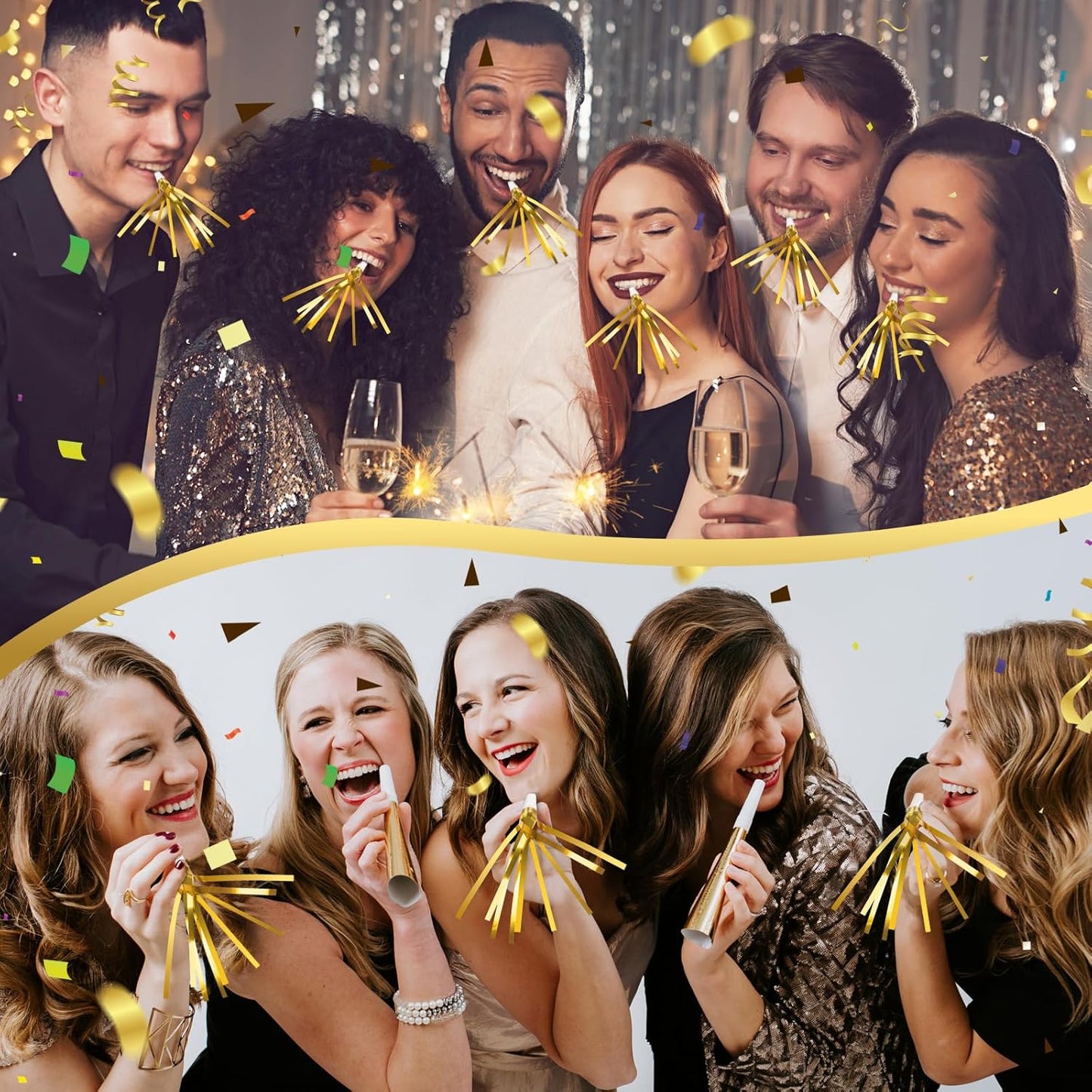 Denylo pro 24 Pcs Glitter Noise Makers Gold Noise Makers Metallic Fringed Party Blowers Adults Party Horns for Sporting Events Christmas New Year Festival Favor Supplies