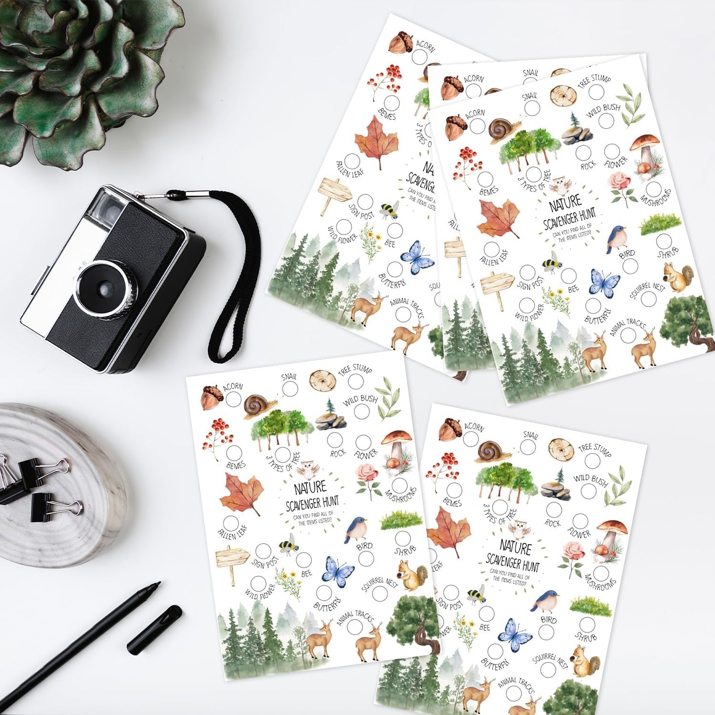 30 Pcs Nature Scavenger Hunt Cards, Find and Seek Camping Sheets, Woodland Themed Holiday Party Game Outdoor Activity for Family Friend -02