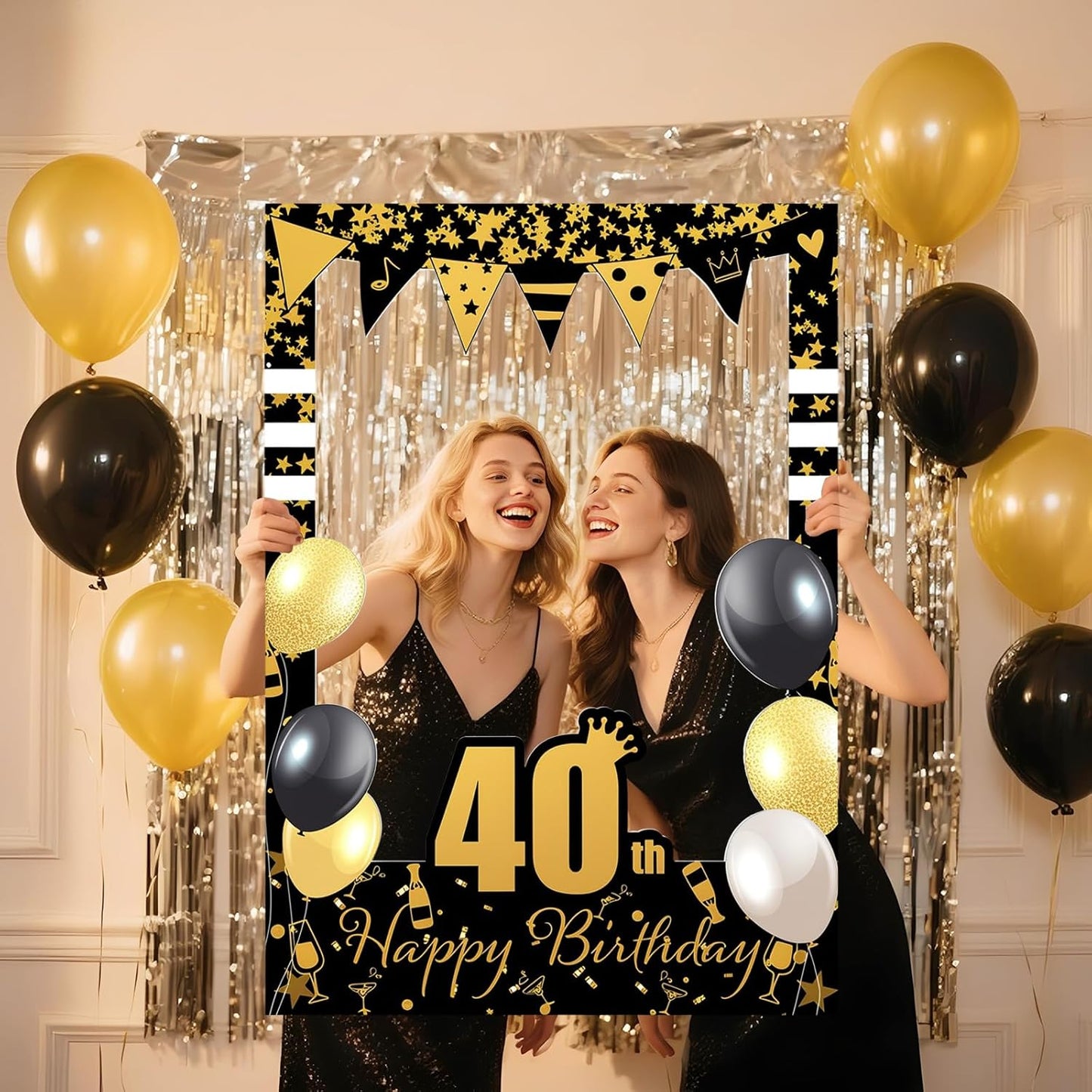 Gift for Mom Friend Wife 40 Years Celebration-40th Birthday Party Photo Frame Props, Black Gold Glitter Paper Selfie Booth Prop for Women Men, Elegant Picture Frames Backdrop Cardboard Decoration