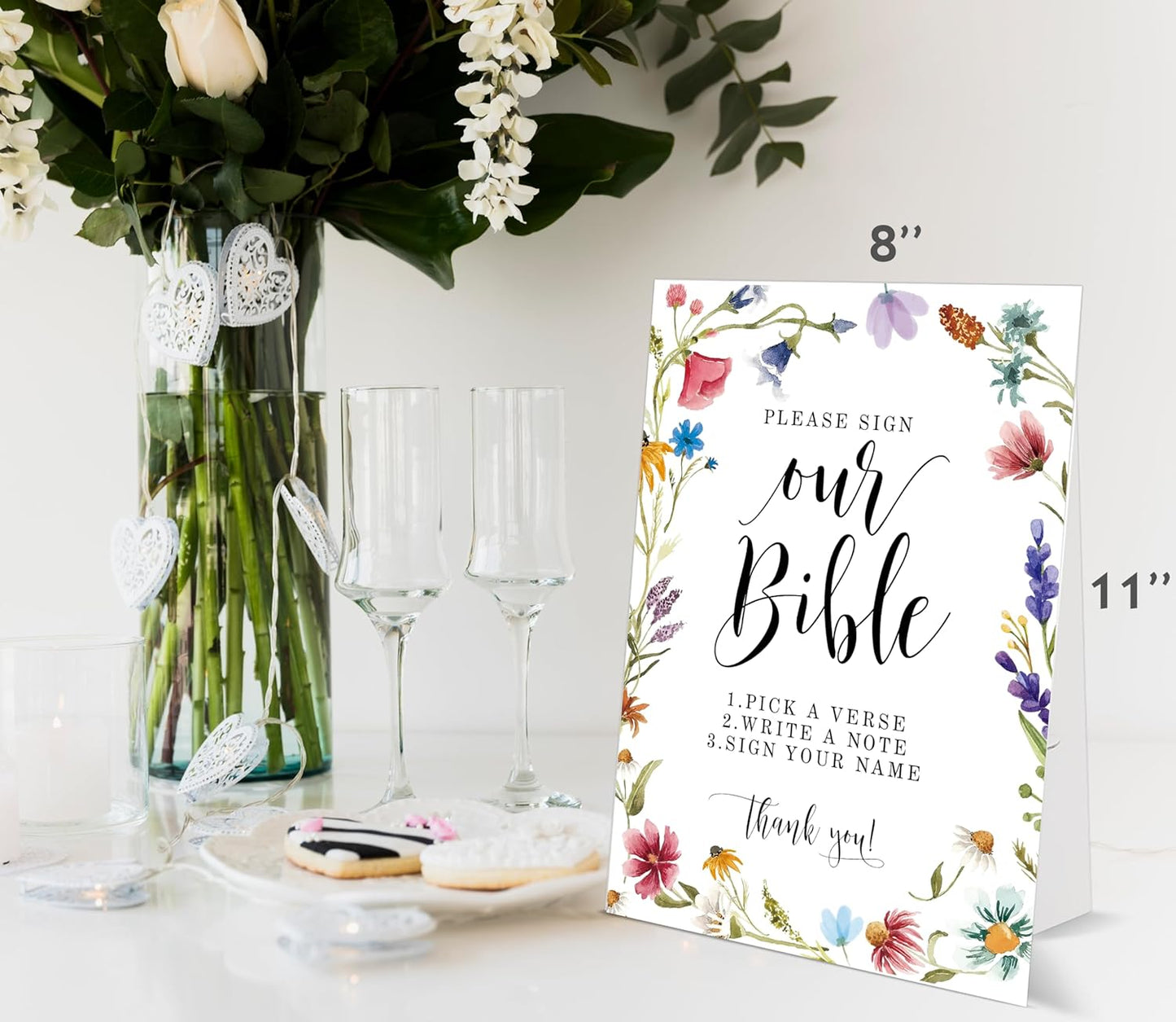 Bible Guest Book Sign, Wedding Signs for Ceremony and Reception, Floral Bridal Shower Decoration, Wedding Signage with Bracket, Bridal Shower Decor, Supplies For Engagement and Anniversary Parties, 13