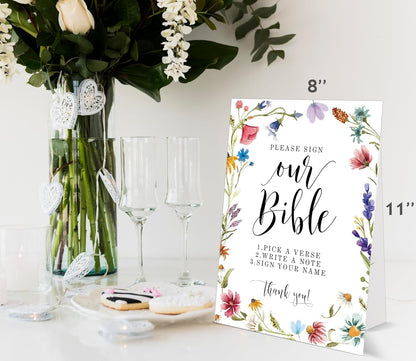 Bible Guest Book Sign, Wedding Signs for Ceremony and Reception, Floral Bridal Shower Decoration, Wedding Signage with Bracket, Bridal Shower Decor, Supplies For Engagement and Anniversary Parties, 13