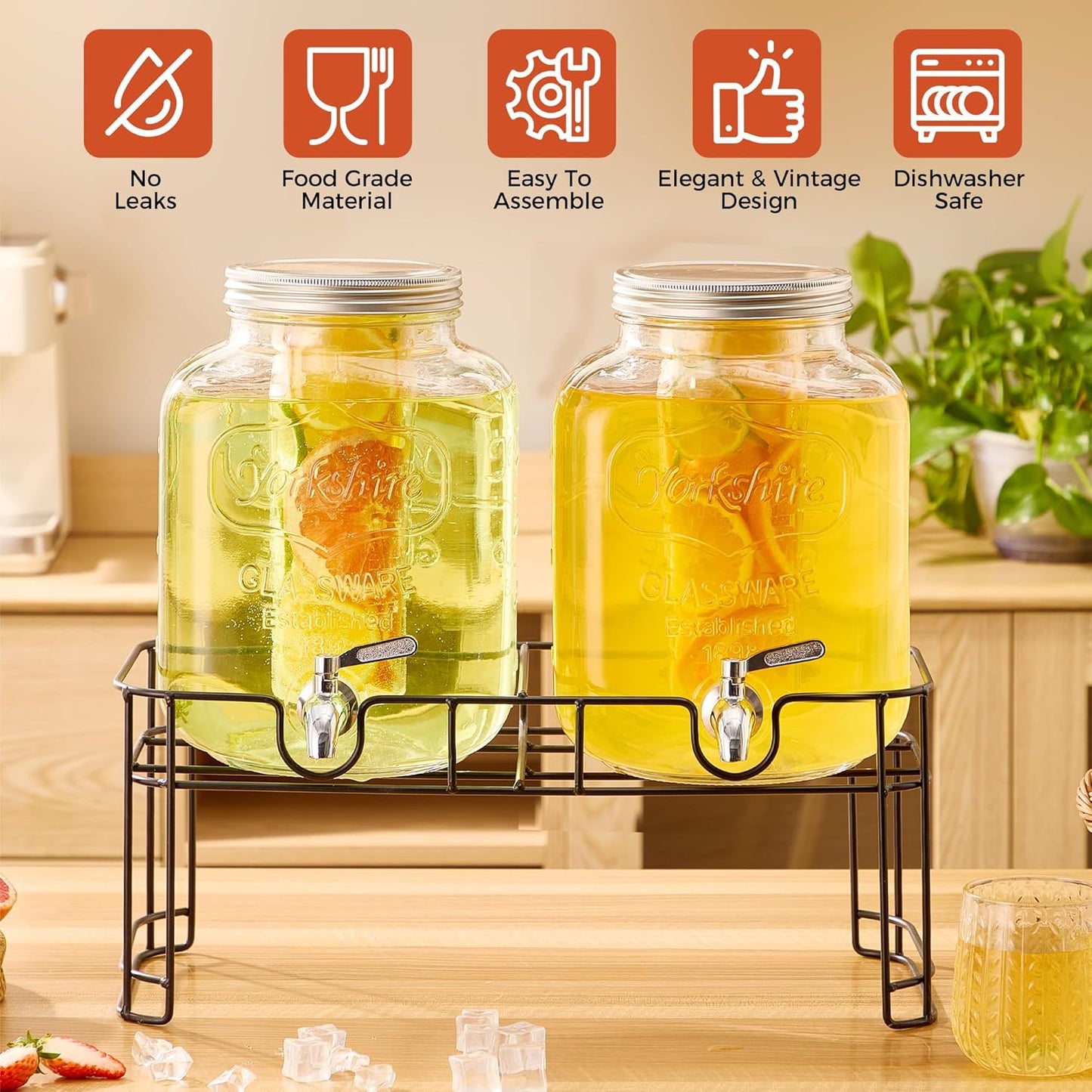 1 Gallon Glass Drink Dispensers for Parties, 2PACK Beverage Dispenser with Stand, Fruit Infuser and Stainless Steel Spigot 100% Leakproof, Beverage Dispenser for Lemonade Sun Tea