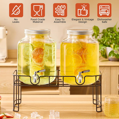 1 Gallon Glass Drink Dispensers for Parties, 2PACK Beverage Dispenser with Stand, Fruit Infuser and Stainless Steel Spigot 100% Leakproof, Beverage Dispenser for Lemonade Sun Tea