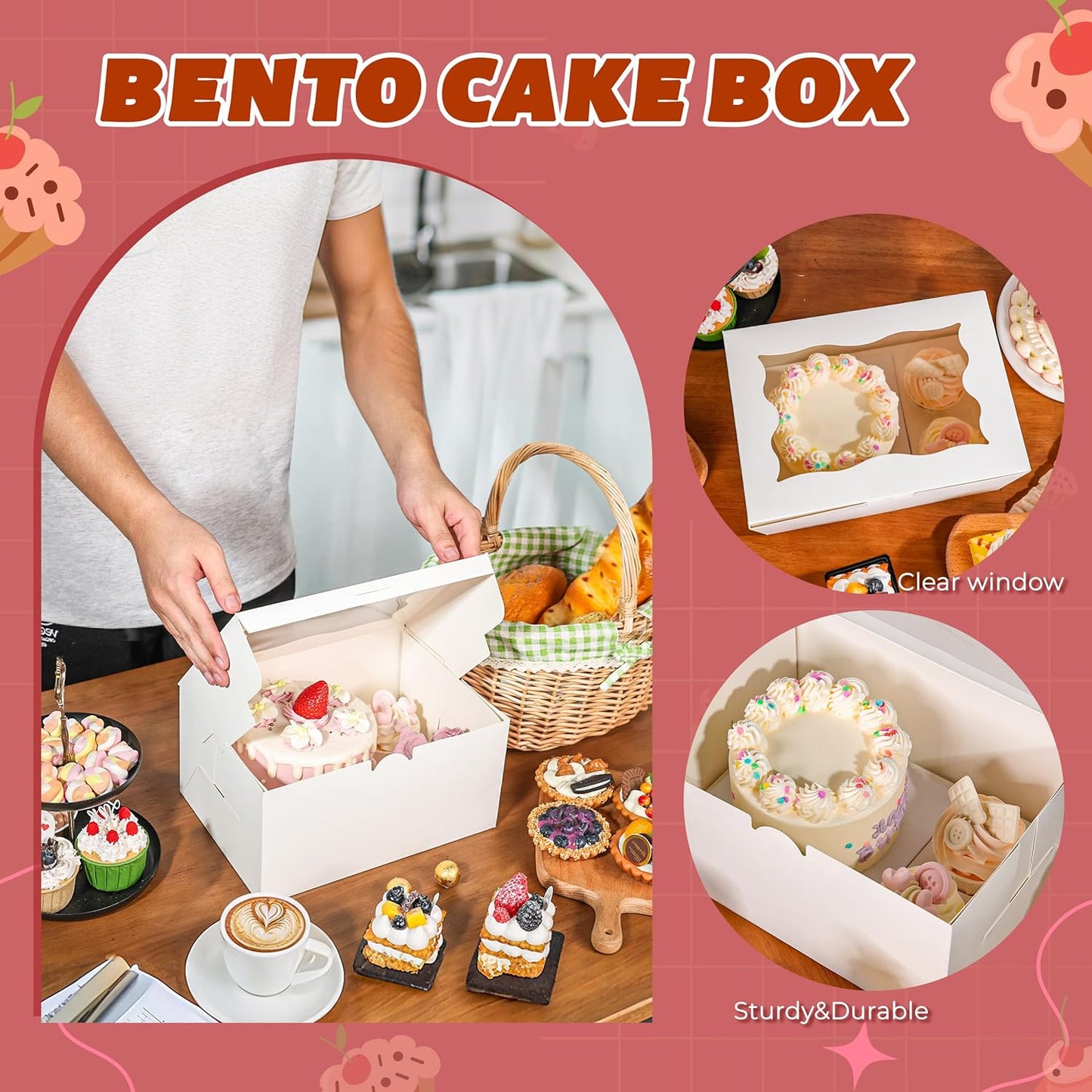 NPLUX 4 Packs 1+5 Bento Cake and Cupcake Box Bento Box with Clear Window Fit 5 Cupcakes and 1 Mini Cake for Packaging Gift Baked Goods