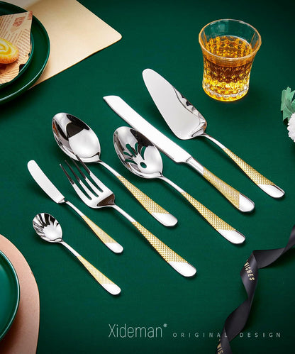 Xideman® 7-Piece Hammered 18/10 Stainless Steel Silverware Serving Utensil Set - Hostess Flatware with Cake Knife & Cake Server (Champagne Gold)