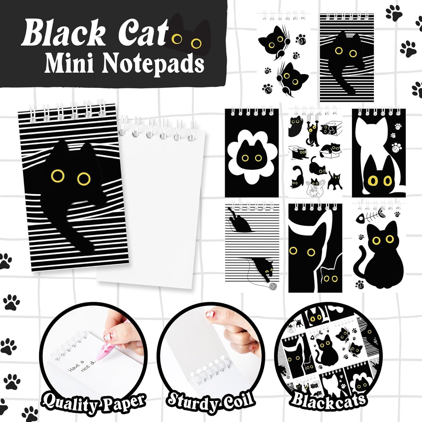 24Pcs Black Cat Mini Notepads Cute Cartoon Kitten Spiral Notebooks Funny Meme Pet Kitty Pocket Journals Memo Pads for Birthday Party Gift Goodie Bag Stuffers School Classroom Rewards, 8 Designs