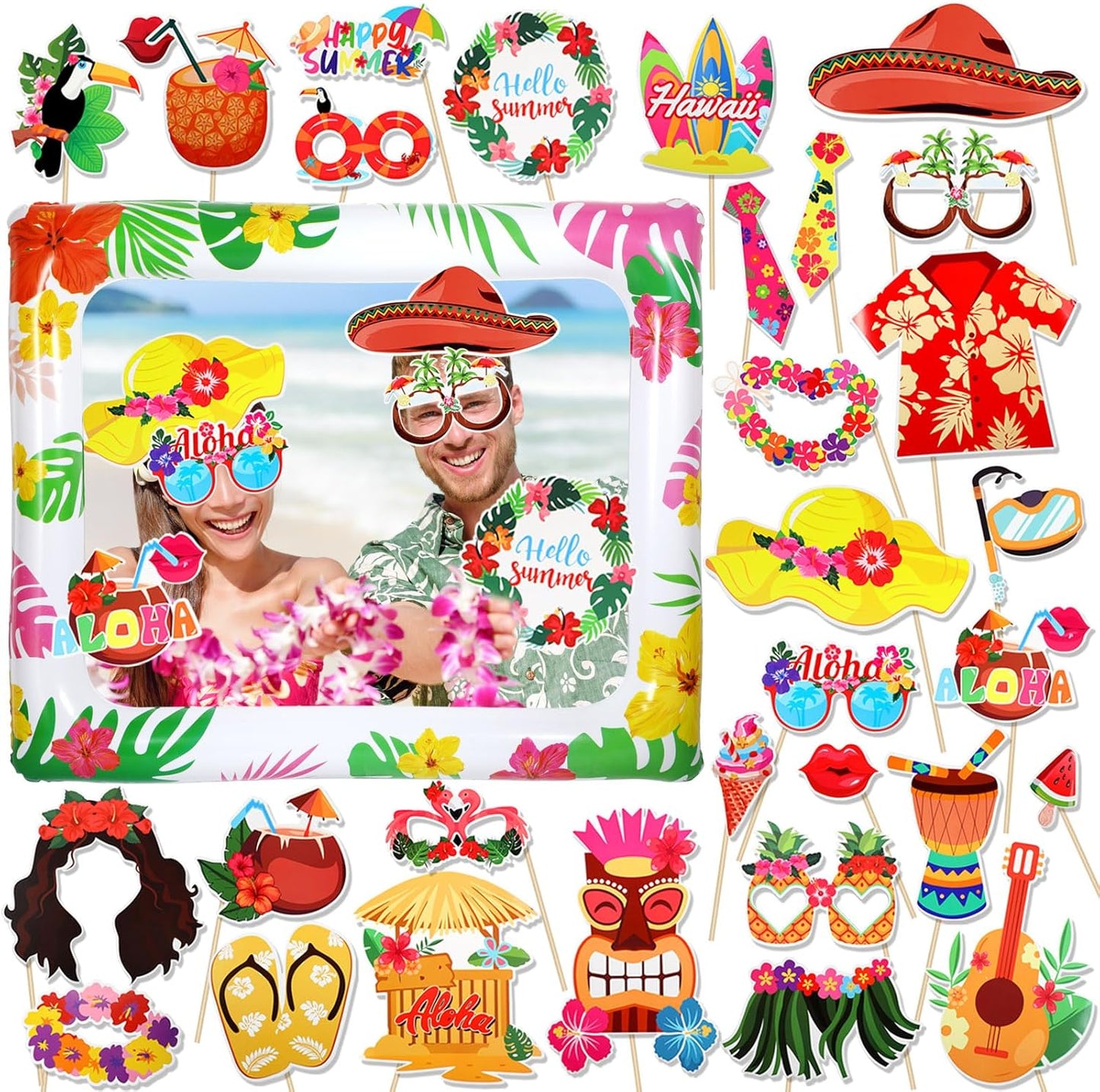HOWAF 30 PCS Hawaiian Luau Photo Booth Props Kit, Inflatable Luau Selfie Frame and Hawaiian Tropical Funny Photo Props for Summer Tropical Beach Pool Birthday Party Decoration Supplies Tiki Party