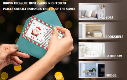 Christmas Treasure Hunt Clue Game, Christmas Games Santa Scavenger Hunt Cards, Indoor Outdoor Holiday Party Supplies, 15 Cards with Colorful Envelopes, 04