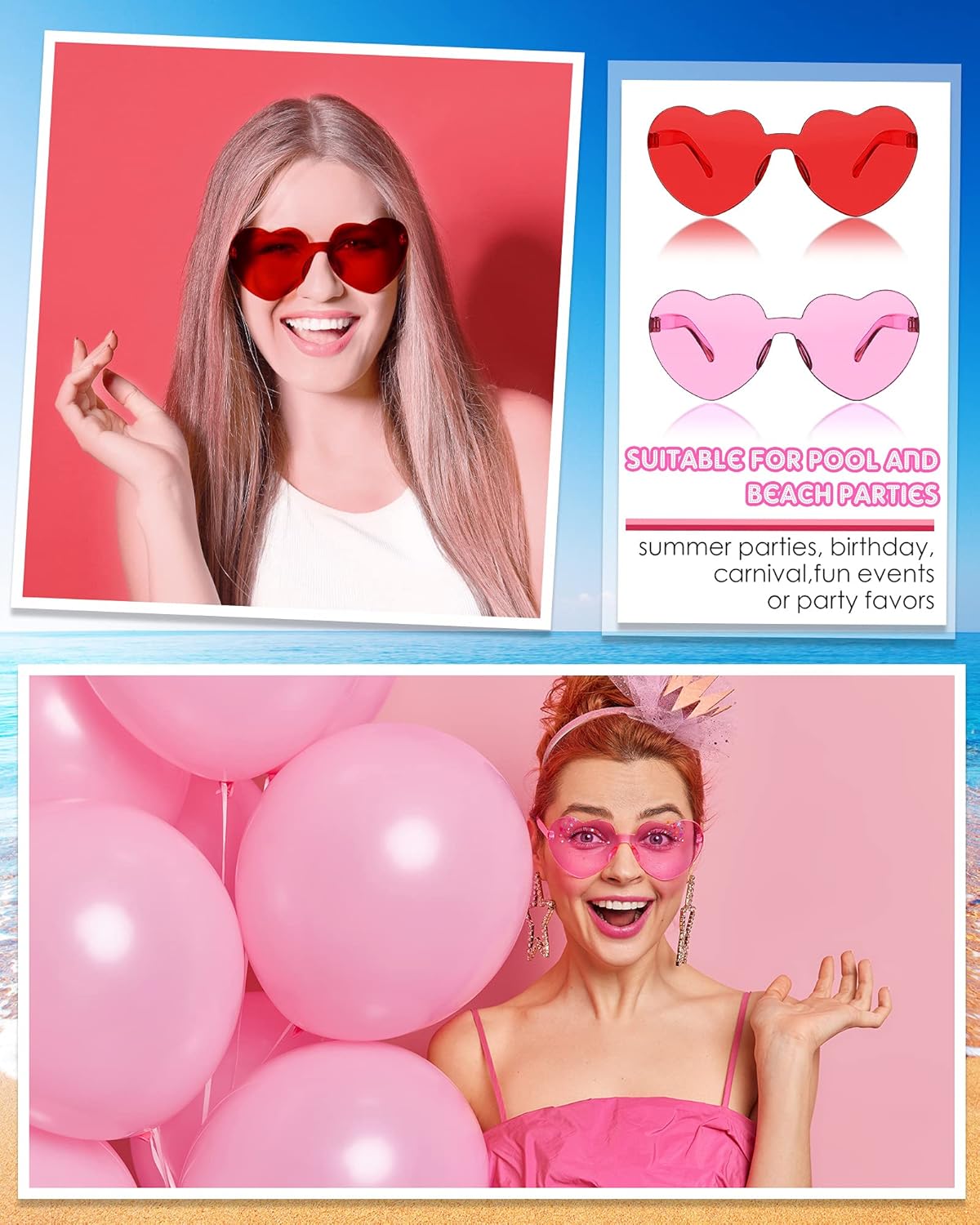 Frienda 8 Pairs Heart Shaped Sunglasses for Women Rimless Heart Glasses Candy Color Sunglasses for Party Favor