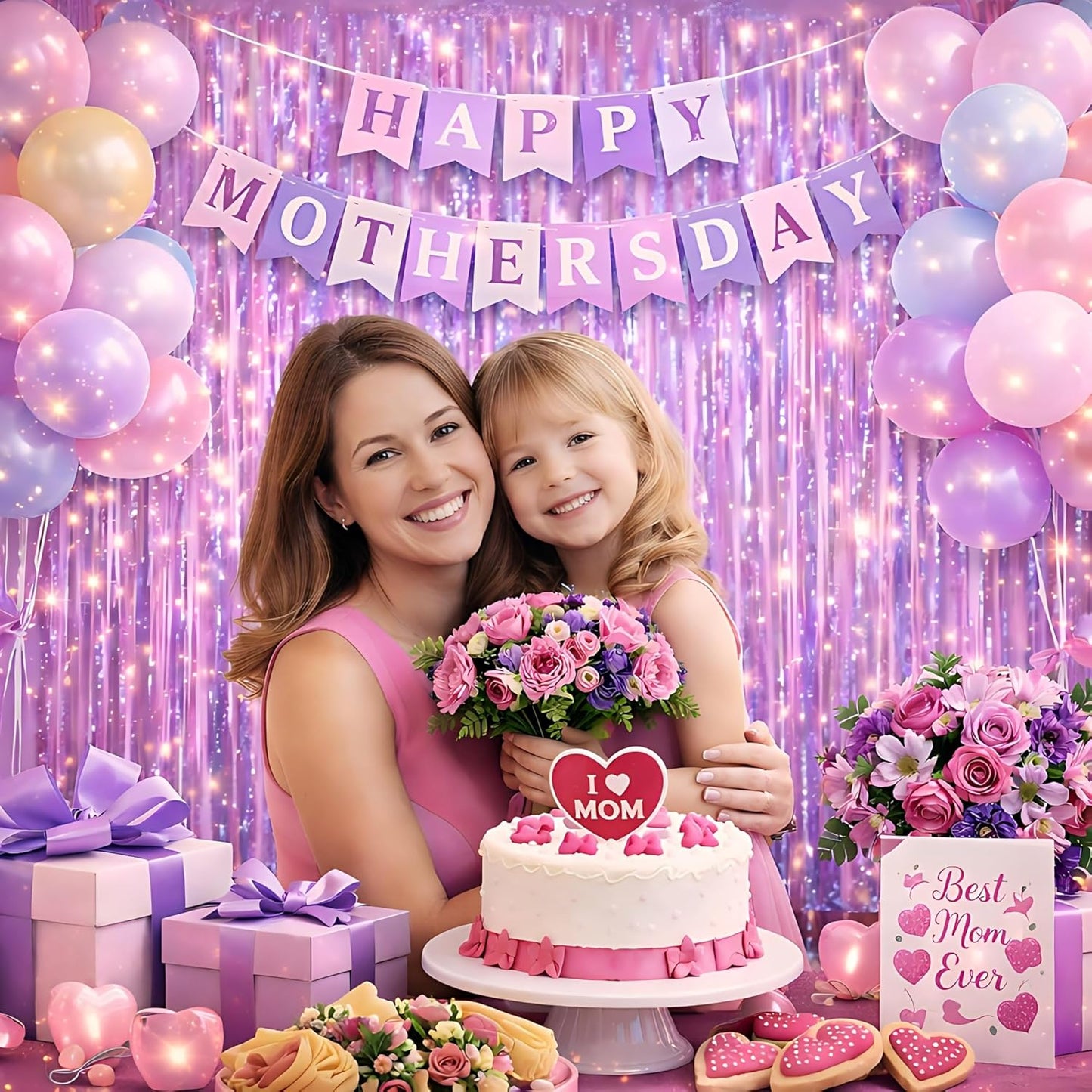 Happy Mothers Day Decorations Melsan 3 Pack 3.2 x 8.2 ft Pinkish Purple Tinsel Fringe Curtain Backdrop, Sparkling Metallic Party Decorations for Girls Birthday, Bachelorette, Wedding, Photo Booth