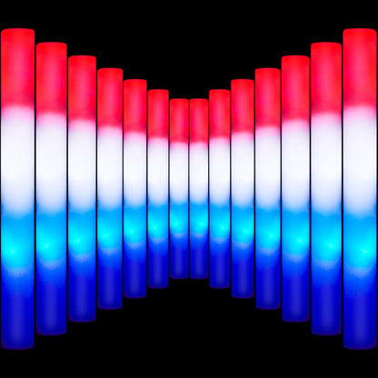JOYIN 12 Pcs July 4th Foam Glow Sticks, 16" Red White Blue Patriotic LED Sticks with 3 Lightup Modes, Glow in the Dark Party Favor Supply for Independence Day Parade Carnival Festive Celebration