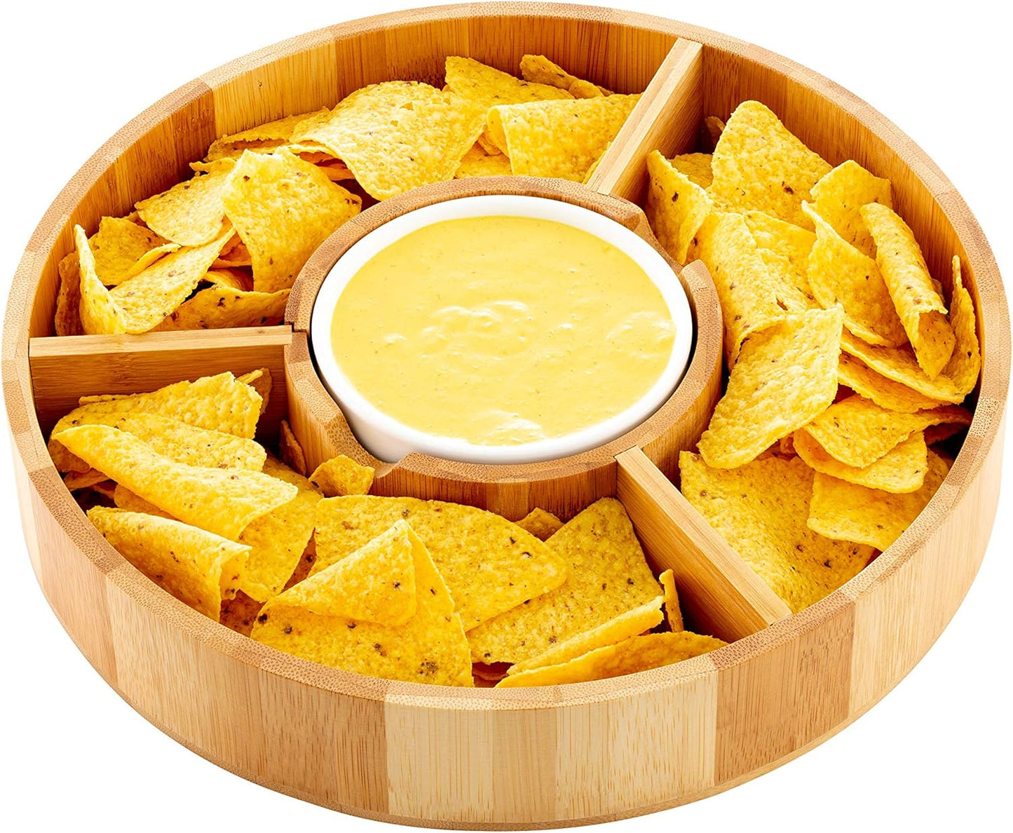 Strova Chip and Dip Serving Bowl – Wooden Appetizer Platter Set with Dip Cup for Salsa, Guacamole, Nacho, Vegetables, Taco Chip, Snacks and More – 12 Inch Diameter. Perfect for the BIG GAMES !