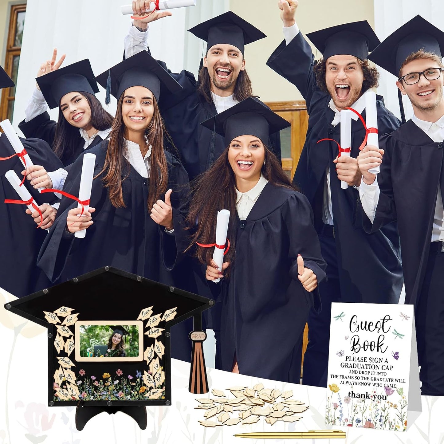 Yalikop 84 Pcs Wildflower Graduation Guest Book Alternative 2026 Graduation Signature Grad Cap Signing Frame with 80 Wood Slices, Pen & Stand Grad Keepsake Gift for High School College Party
