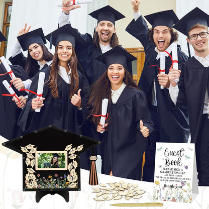 Yalikop 84 Pcs Wildflower Graduation Guest Book Alternative 2026 Graduation Signature Grad Cap Signing Frame with 80 Wood Slices, Pen & Stand Grad Keepsake Gift for High School College Party