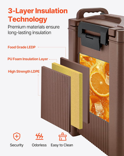 VEVOR Insulated Beverage Dispenser, 5 Gal/19L Hot and Cold Beverage Server with Spigot & Handle, Food-Grade Thermal Drink Dispenser Cooler for Tea Coffee Water in Cafes & Restaurants, Brown