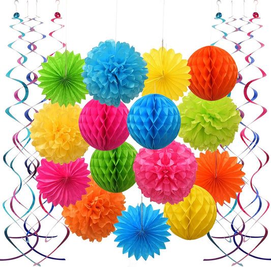 Colorful Paper Party Decorations, Tissue Paper Flower&Party Pom Poms wth Swirl Streamers, Premium Material with Vivid Colors, Hanging Décor for Birthday/Wedding/Bridal Shower/Bachelorette