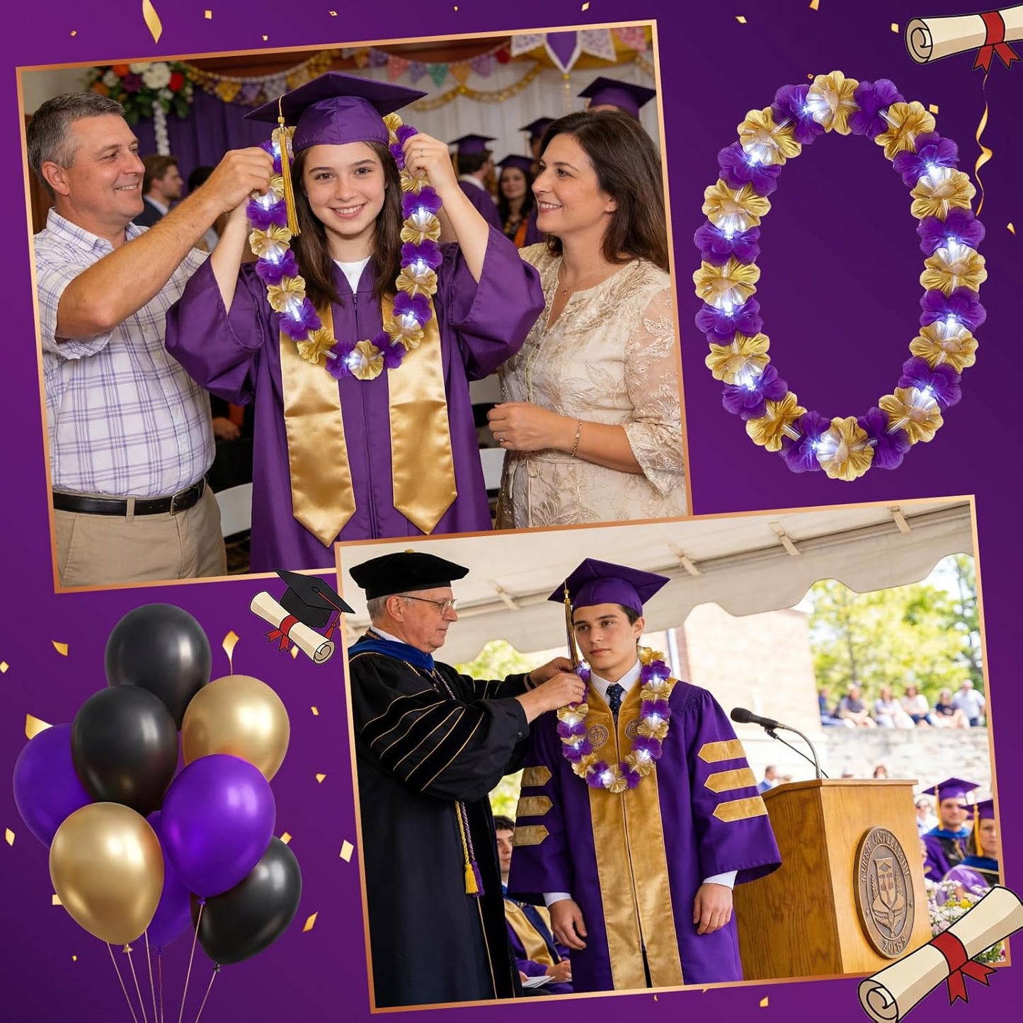Sherr 24 Pcs LED Leis Light Up Purple and Gold Hawaiian Flower Necklaces, Graduation 2026 Party Supplies, Class of 2026 Leis for Beach Wedding Luau Glow Party Favors