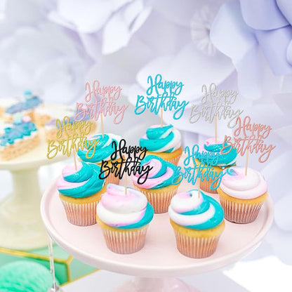 24 PCS Happy Birthday Cupcake Toppers Glitter Picks for Celebrating Anniversary Theme Party Cake Decorations Supplies Gold