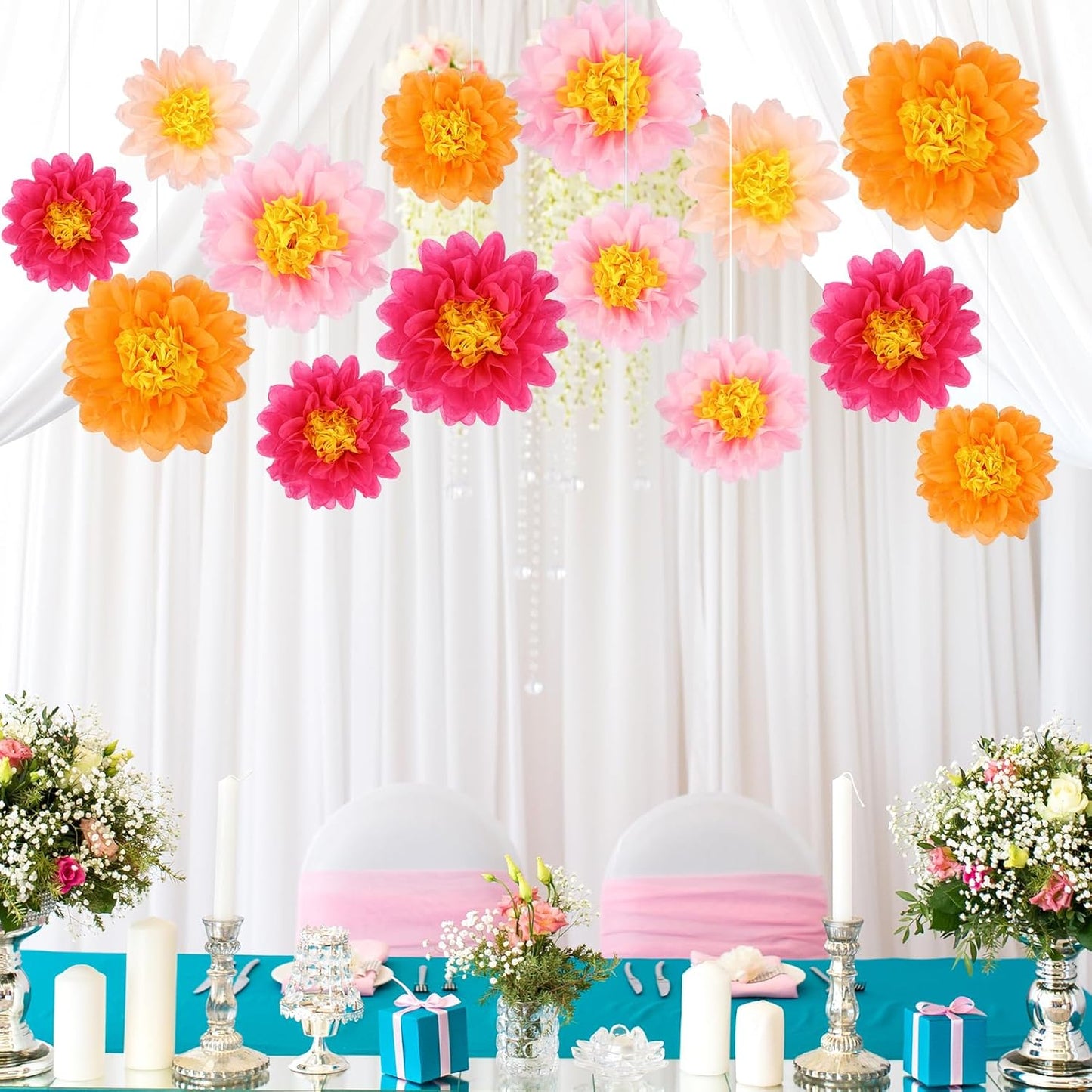 BestoFun 14 PCS Orange & Hot Pink Tissue Paper Flowers – Vibrant Party Decorations for Birthday, Baby Shower, Wedding, Fiesta, and Holiday Events