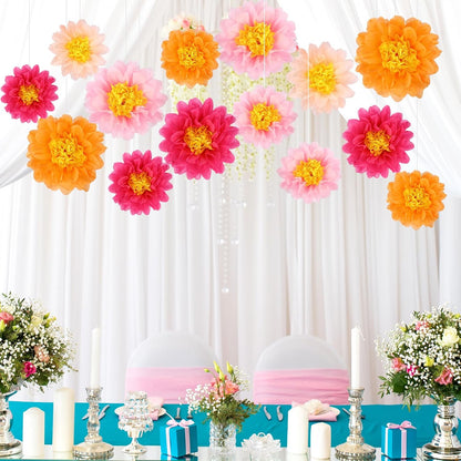 BestoFun 14 PCS Orange & Hot Pink Tissue Paper Flowers – Vibrant Party Decorations for Birthday, Baby Shower, Wedding, Fiesta, and Holiday Events