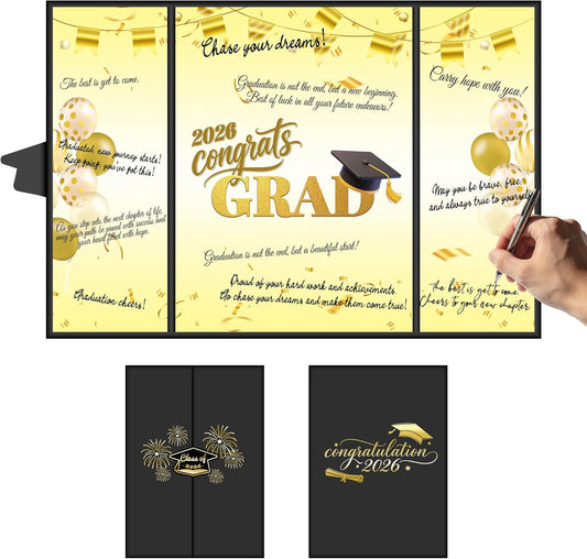 2026 Graduation Decorations Class of 2026 Guest Book – Black and Gold Sign in Book Alternative 18x12 Inch Tri-Fold Signature Board for High School College Party Congrats Grad Keepsake Black Gold